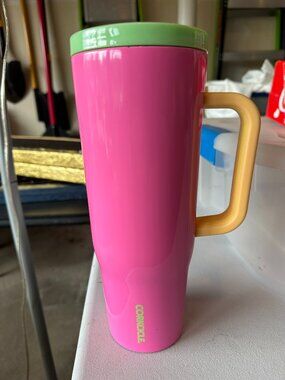 CORKCICLE TUMBLER Pink Green Orange Insulated  with Handle & Lid 40 oz Very Good